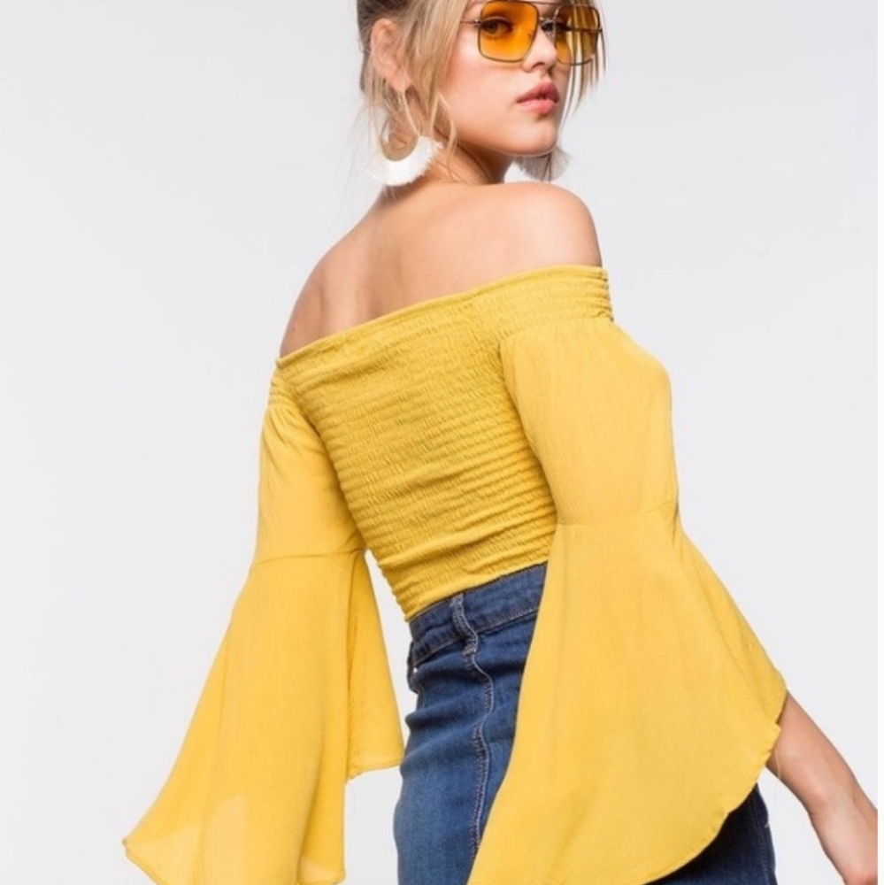 NEW Love Tree Smocked Off-Shoulder Bell Sleeve Top in Yellow - Picture 2 of 5